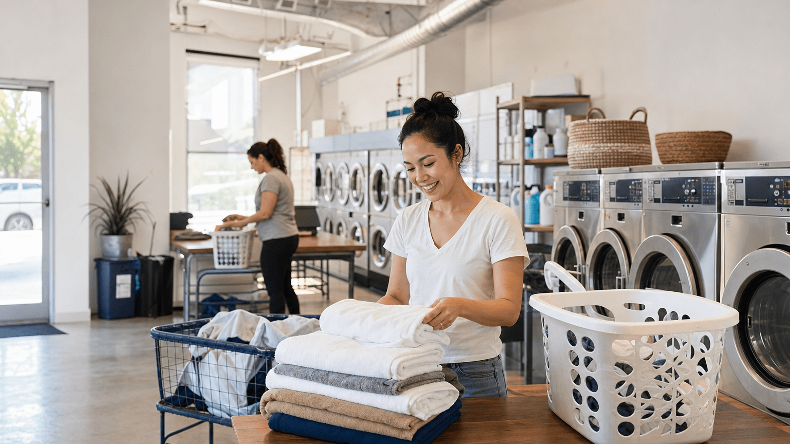 The Seaside Wash and Fold laundry, with machines and folding counters